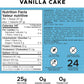 Nutrition label for vanilla cake with protein content and allergen information.
