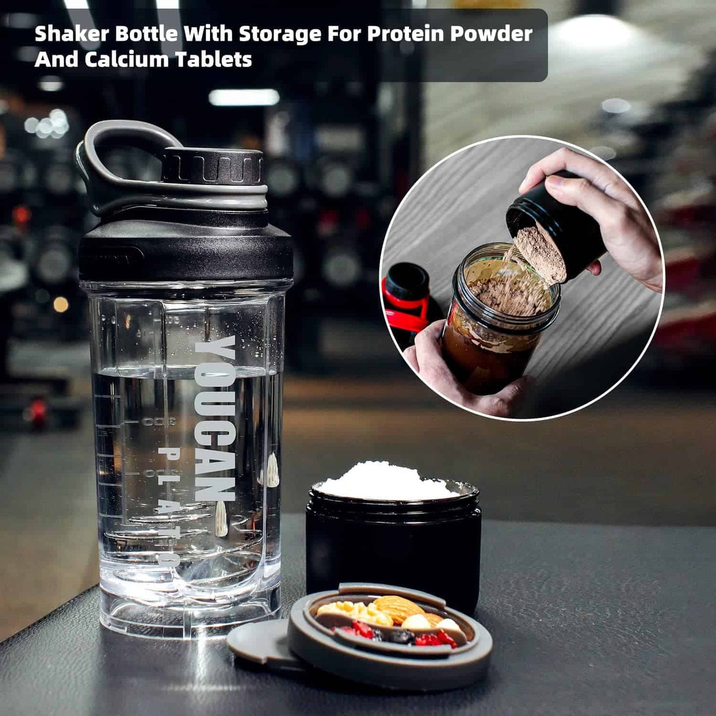 Shaker bottle with storage for protein powder and calcium tablets on a blurred background