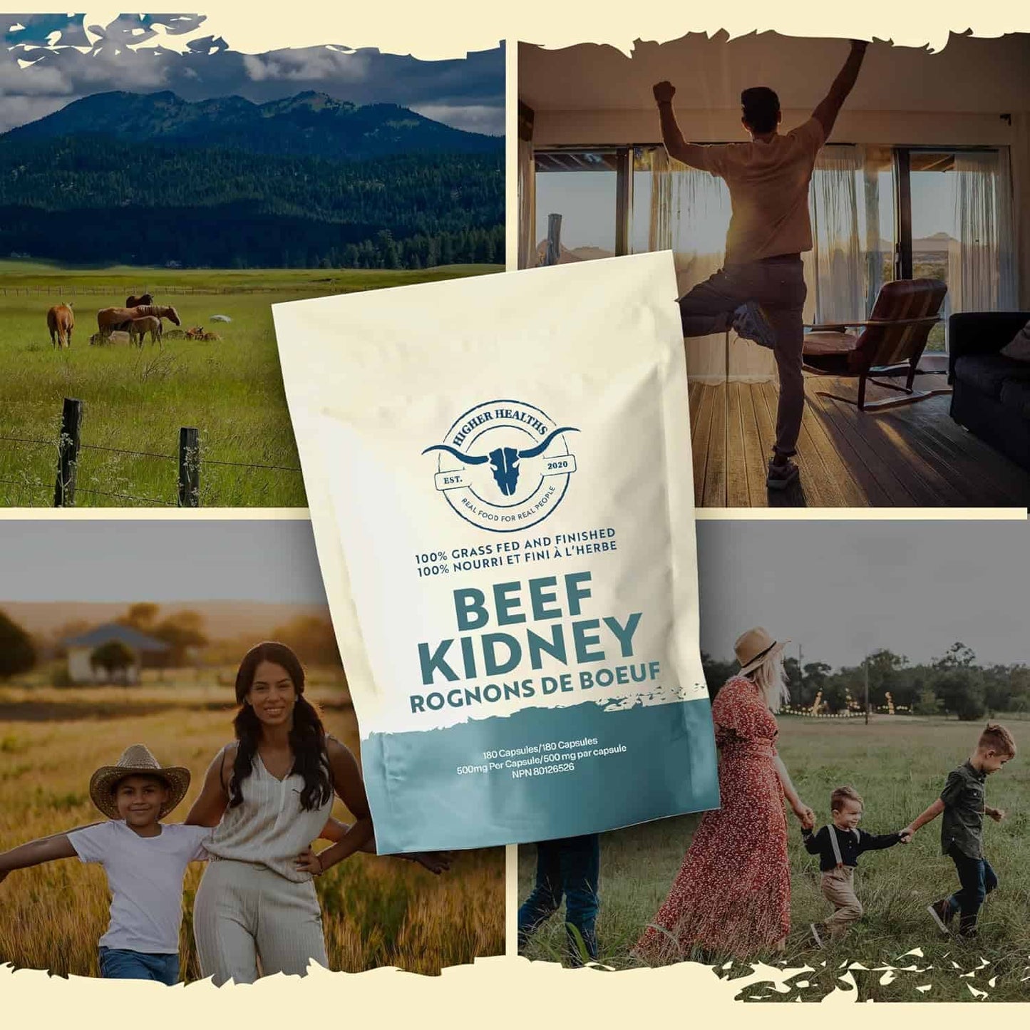 Collage of images including a mountain landscape, a person exercising, a family outdoors, and a product packaging with text.