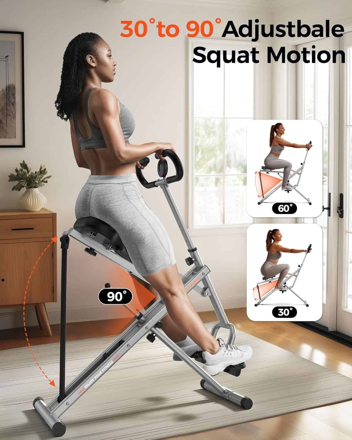 Woman using a adjustable squat motion exercise machine in a home setting.