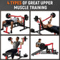 Four types of upper muscle training exercises with a person using gym equipment.