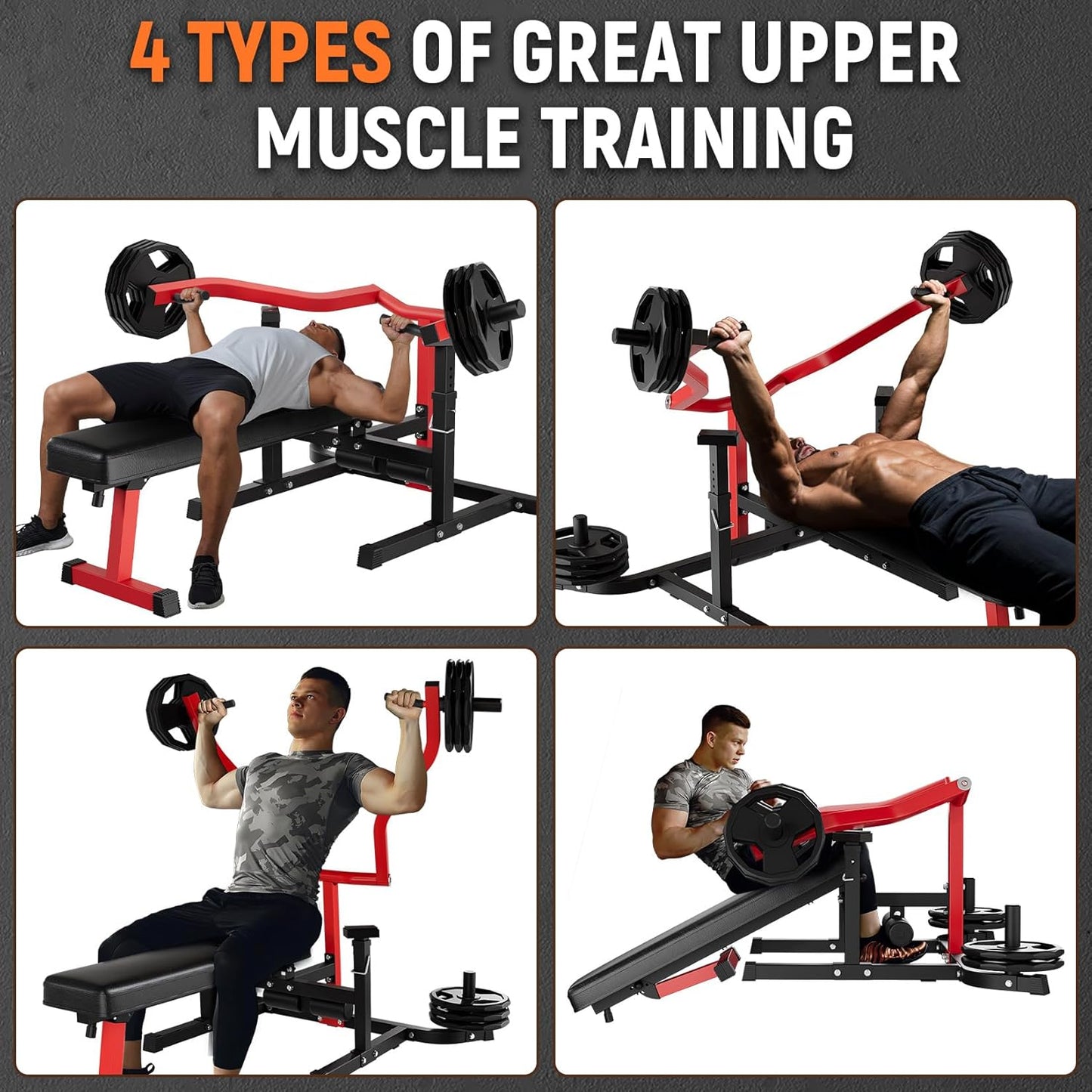 Four types of upper muscle training exercises with a person using gym equipment.
