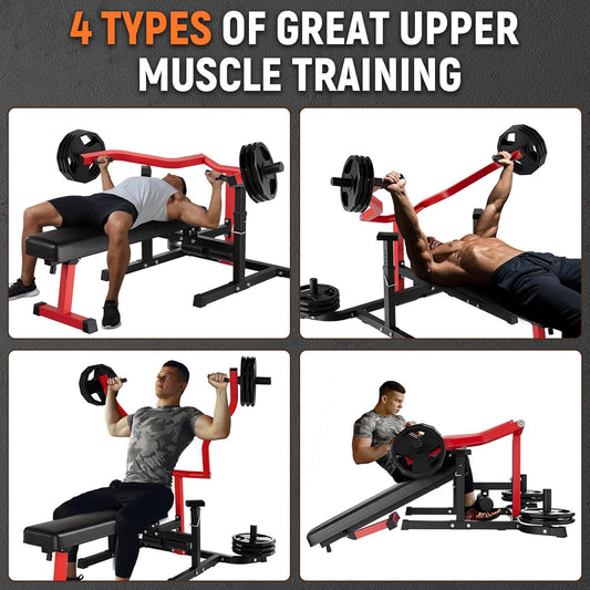 Four types of upper muscle training exercises with a person using gym equipment.