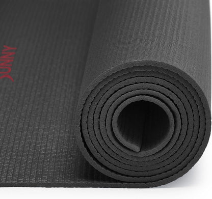 Rolled-up black yoga mat with a brand logo on a white background