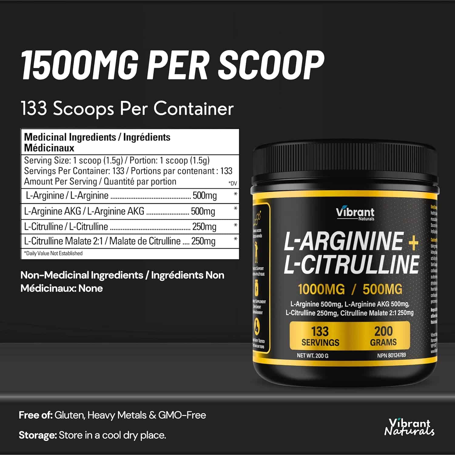 Vibrant Naturals L-Arginine + L-Citrulline supplement container with nutritional information on a black background