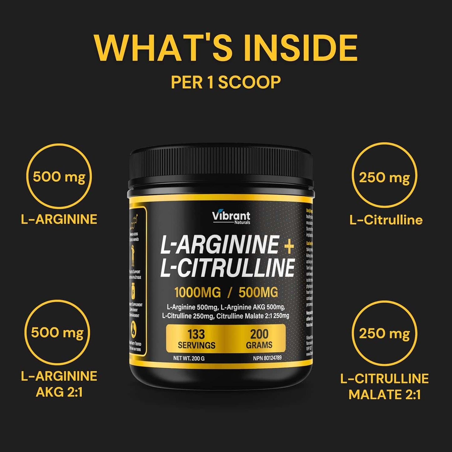 Vibrant L-Arginine + L-Citrulline supplement container with nutritional information on a black background