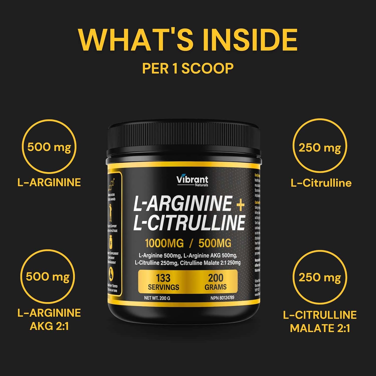 Vibrant L-Arginine + L-Citrulline supplement container with nutritional information on a black background