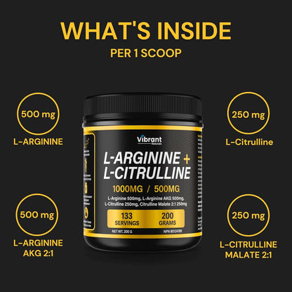 Vibrant L-Arginine + L-Citrulline supplement container with nutritional information on a black background