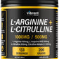 Vibrant Naturals L-Arginine + L-Citrulline supplement container with black and yellow design.