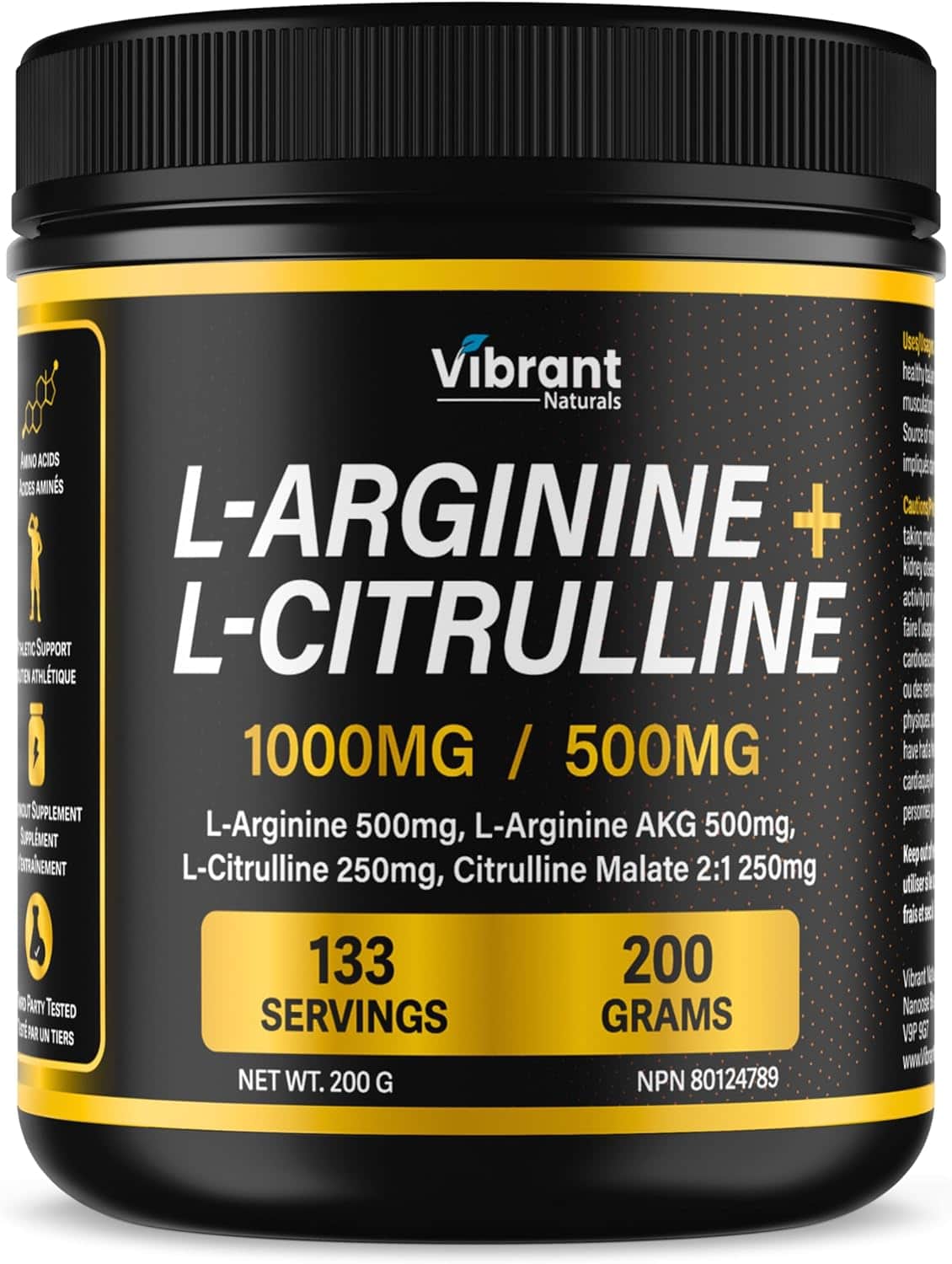 Vibrant Naturals L-Arginine + L-Citrulline supplement container with black and yellow design.
