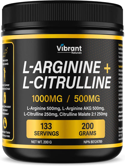 Vibrant Naturals L-Arginine + L-Citrulline supplement container with black and yellow design.