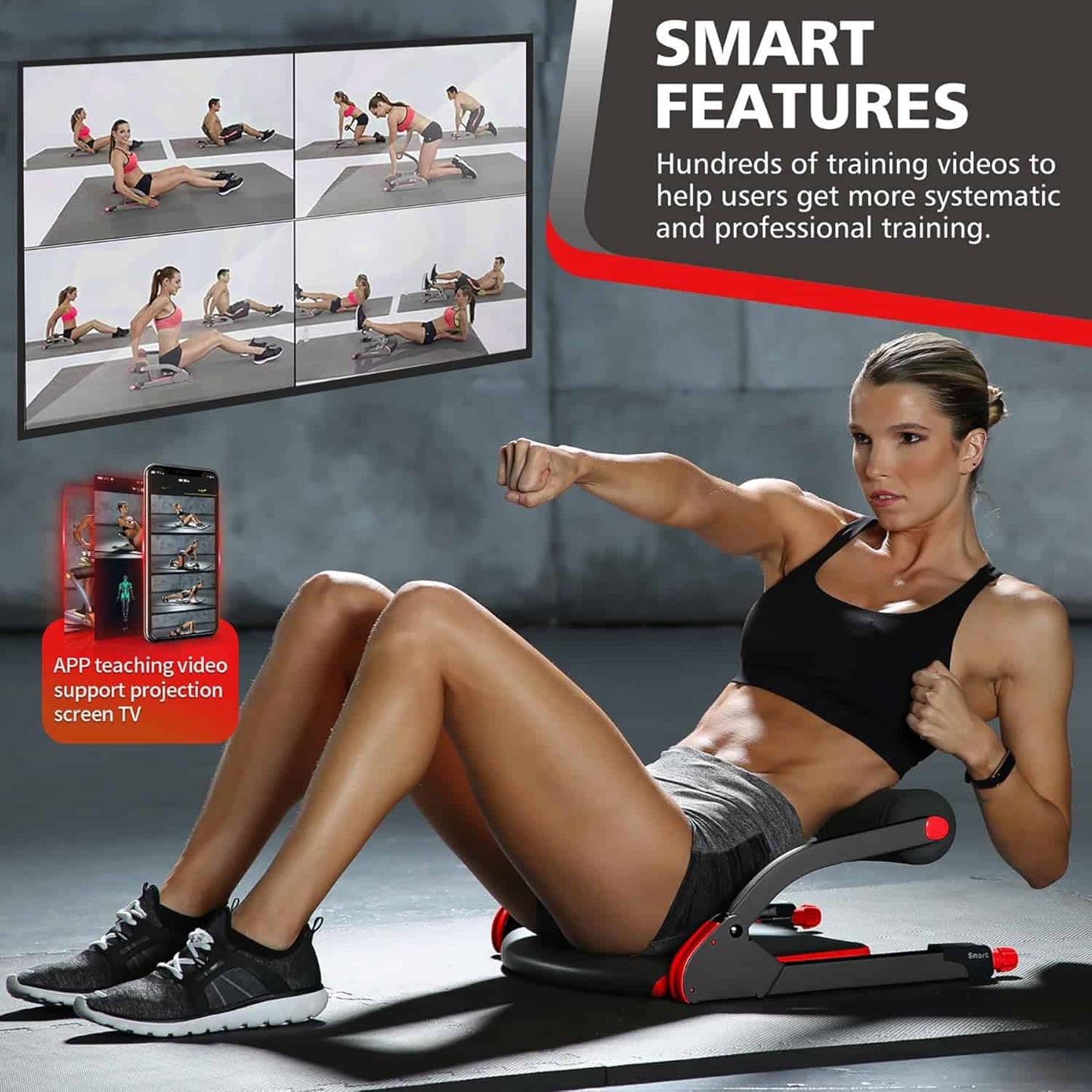 Woman using a fitness machine with training videos on a screen behind her