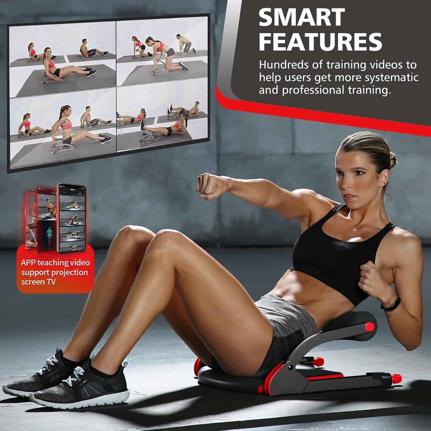 Woman using a fitness machine with training videos on a screen behind her