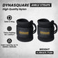 Two black ankle straps with Dynasquare branding on a gray background, featuring product details.
