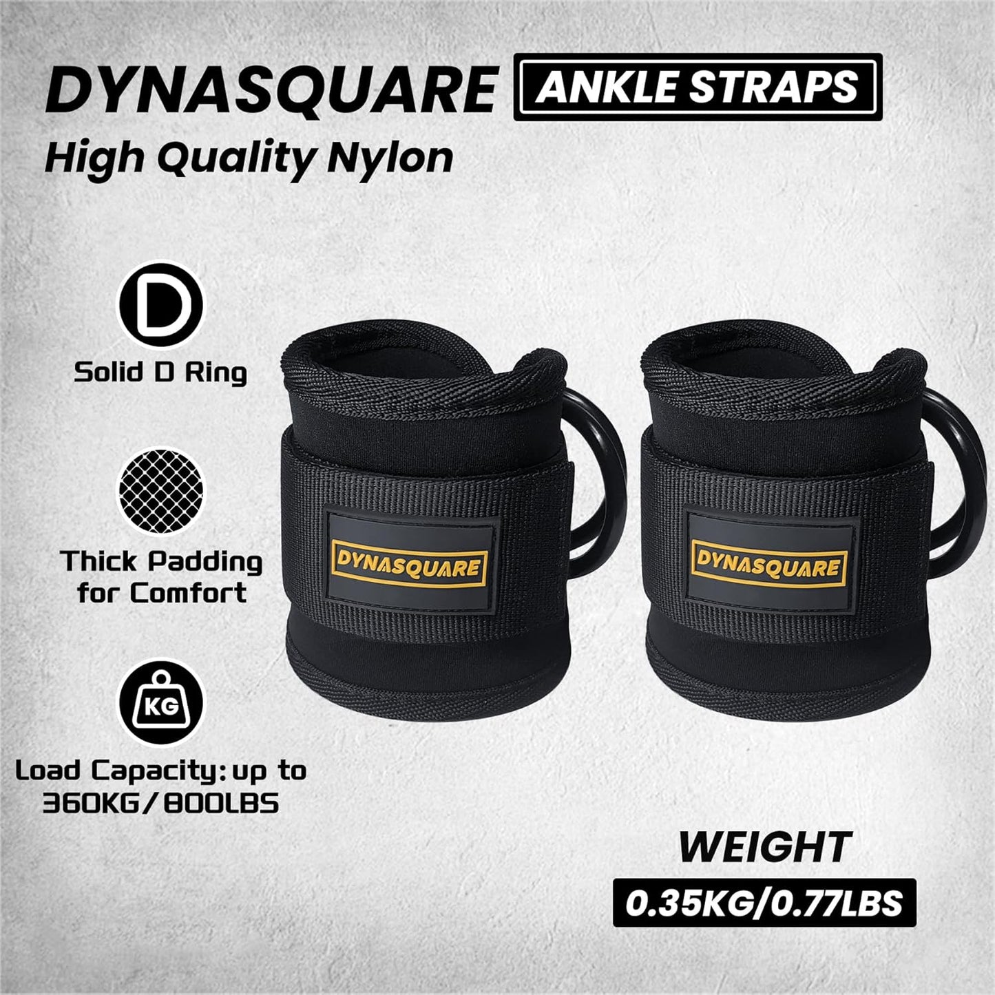 Two black ankle straps with Dynasquare branding on a gray background, featuring product details.