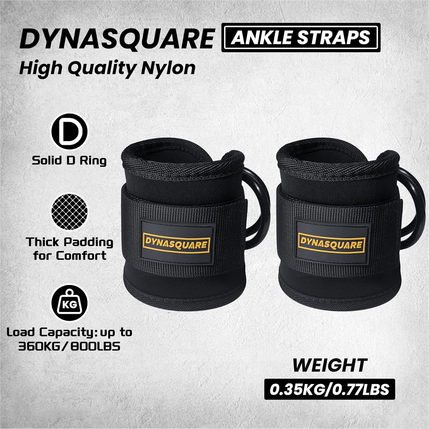 Two black ankle straps with Dynasquare branding on a gray background, featuring product details.