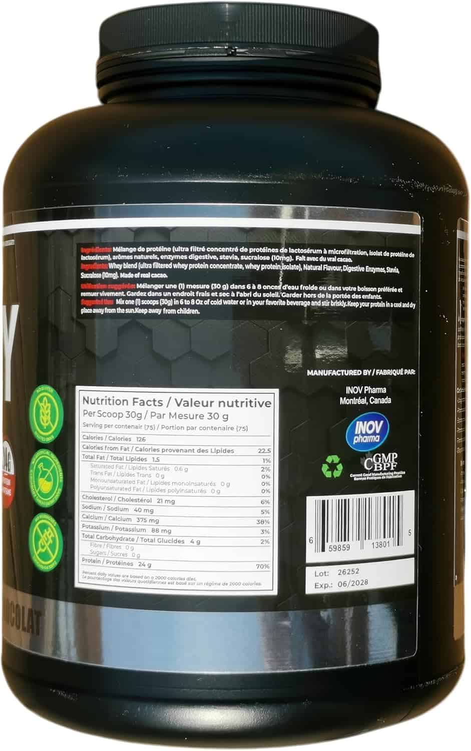 Back label of a supplement container with nutritional information and branding.