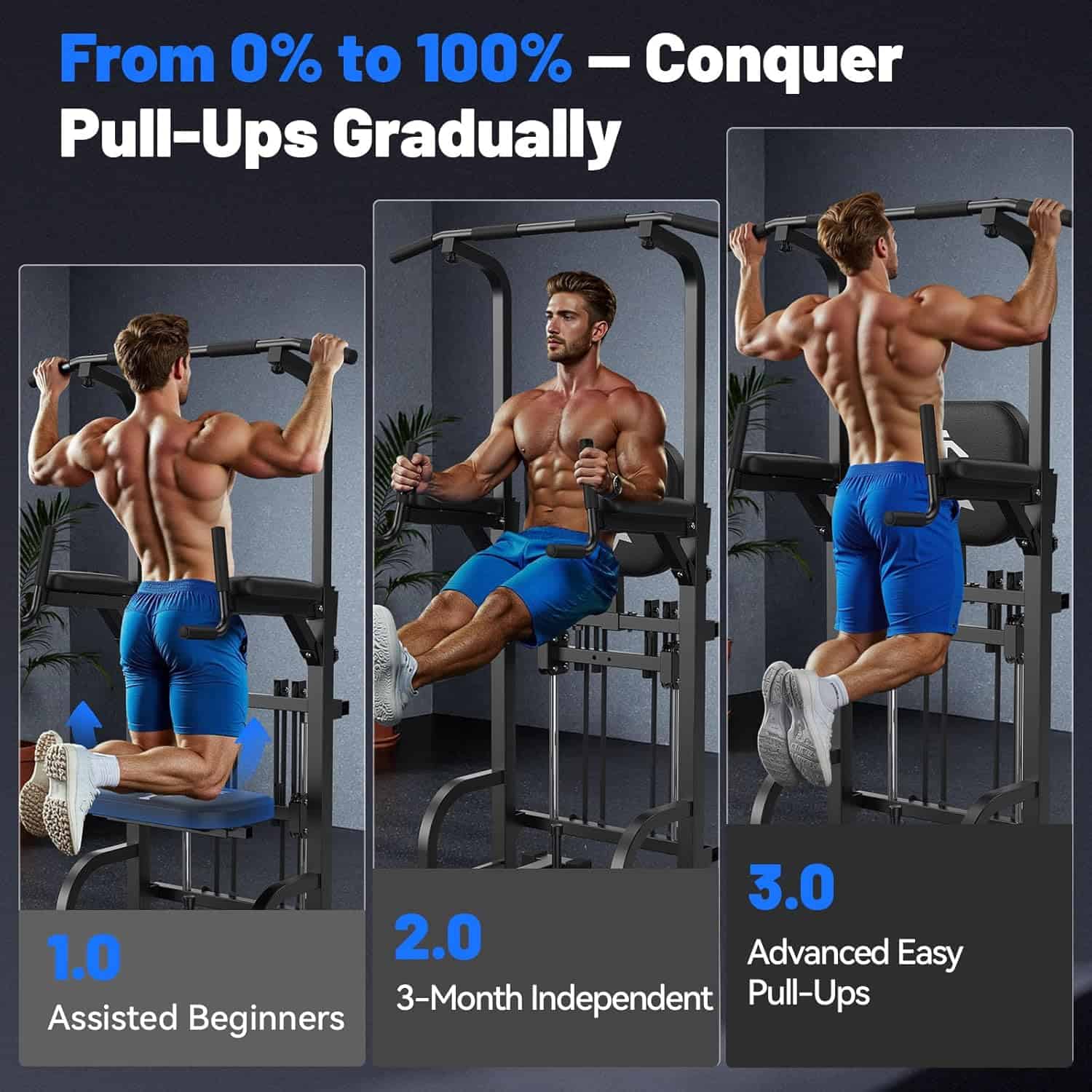 Stages of pull-up progression with a man using a pull-up bar in a home gym setting.