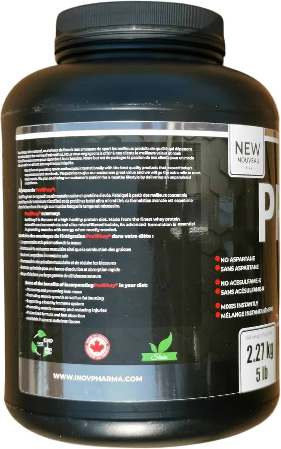 Black protein powder container with text and branding on a white background