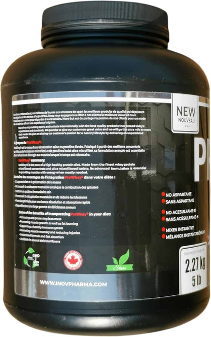 Black protein powder container with text and branding on a white background