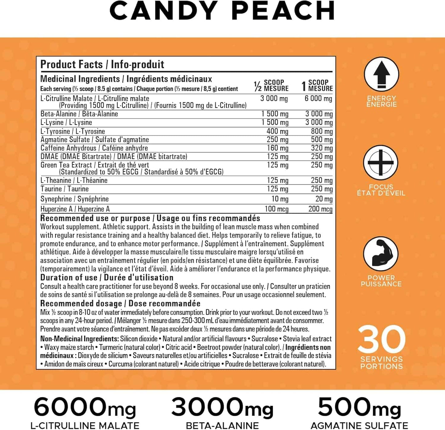 Nutritional label for a supplement with ingredients and dosages on an orange background