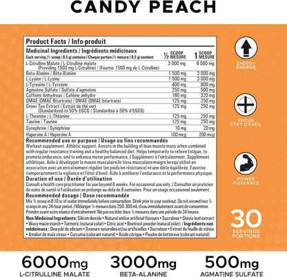 Nutritional label for a supplement with ingredients and dosages on an orange background