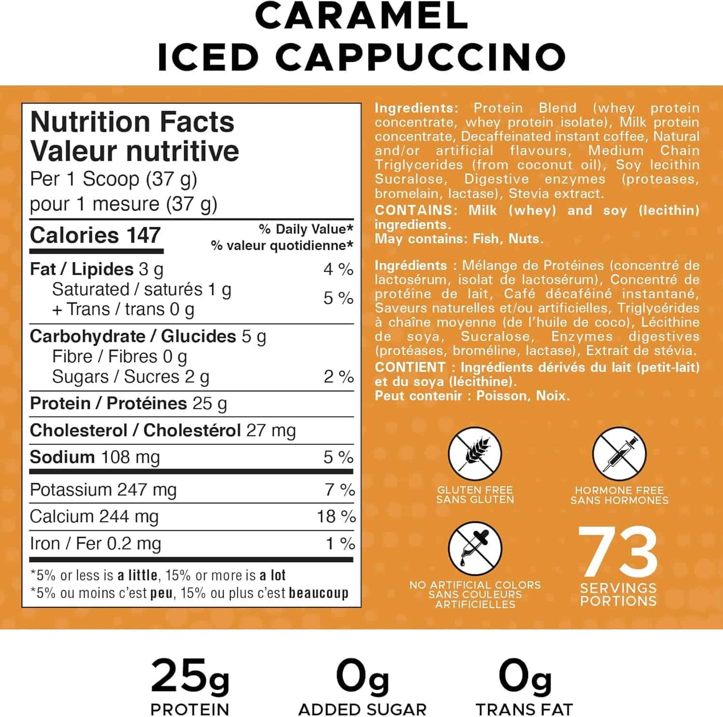 Nutrition label for caramel iced cappuccino with ingredients list on an orange background