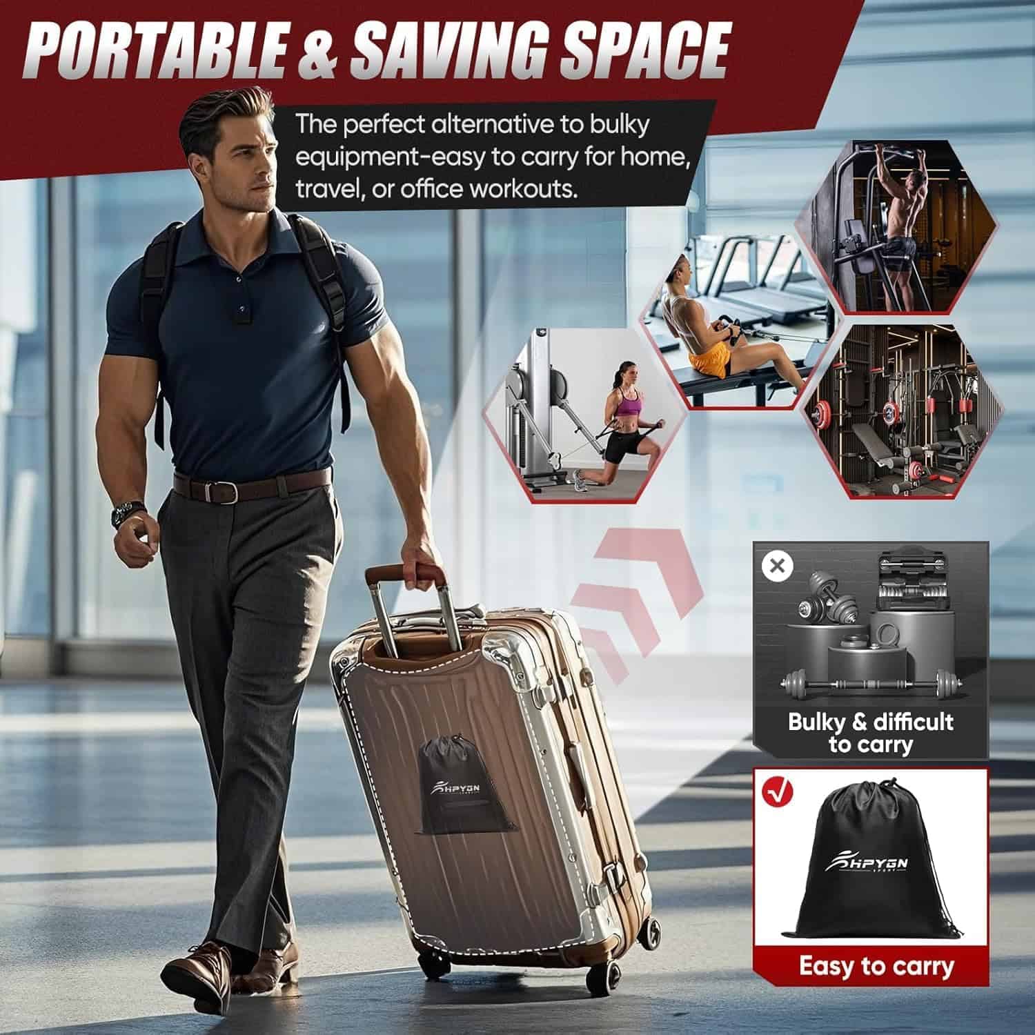 Man pulling a suitcase with promotional text about a portable alternative to bulky equipment.