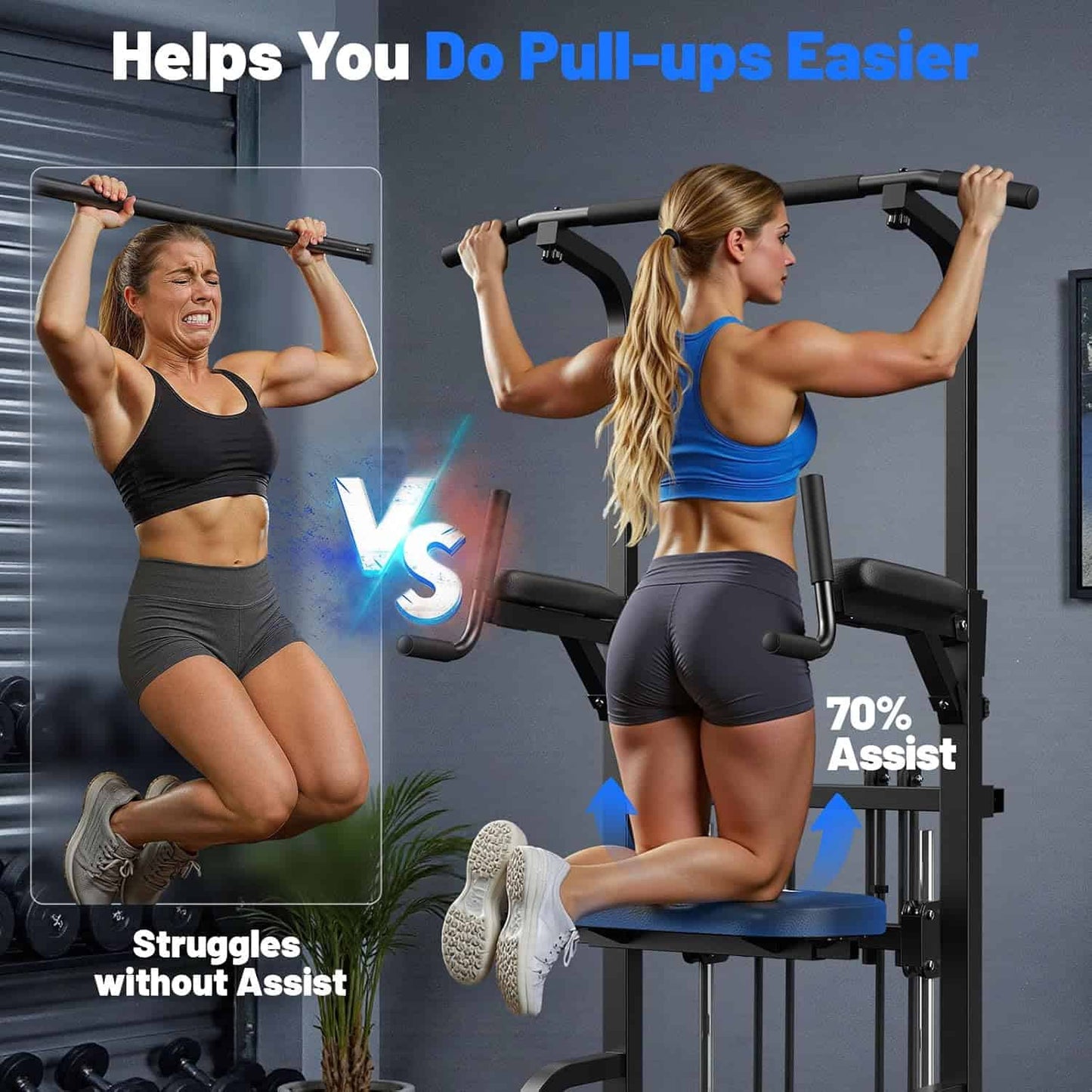 Woman using a pull-up with text indicating it helps do pull-ups easier.