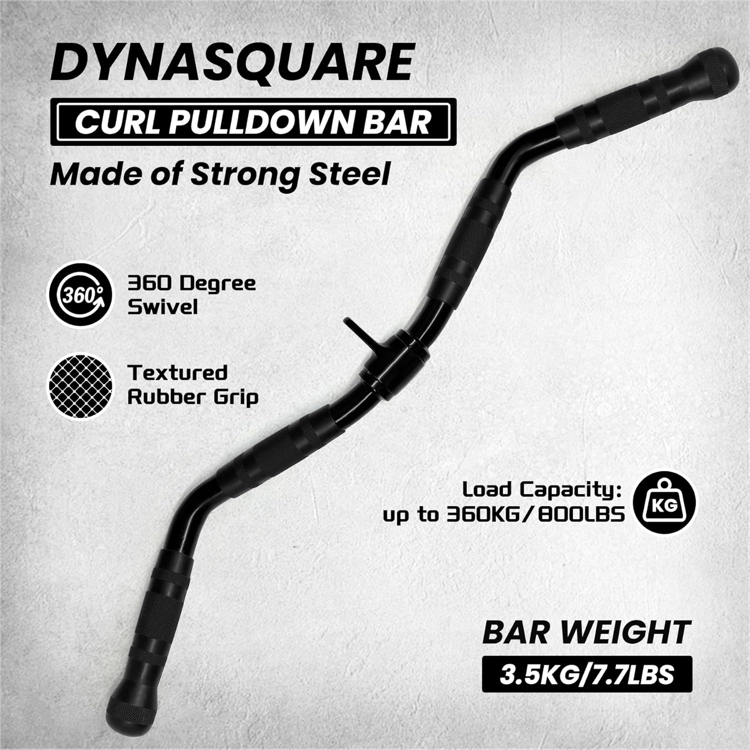 Dynasquare curl pulldown bar with specifications on a gray background