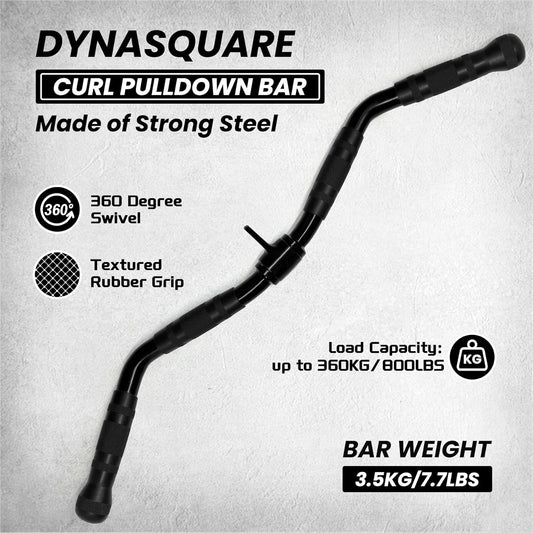 Dynasquare curl pulldown bar with specifications on a gray background