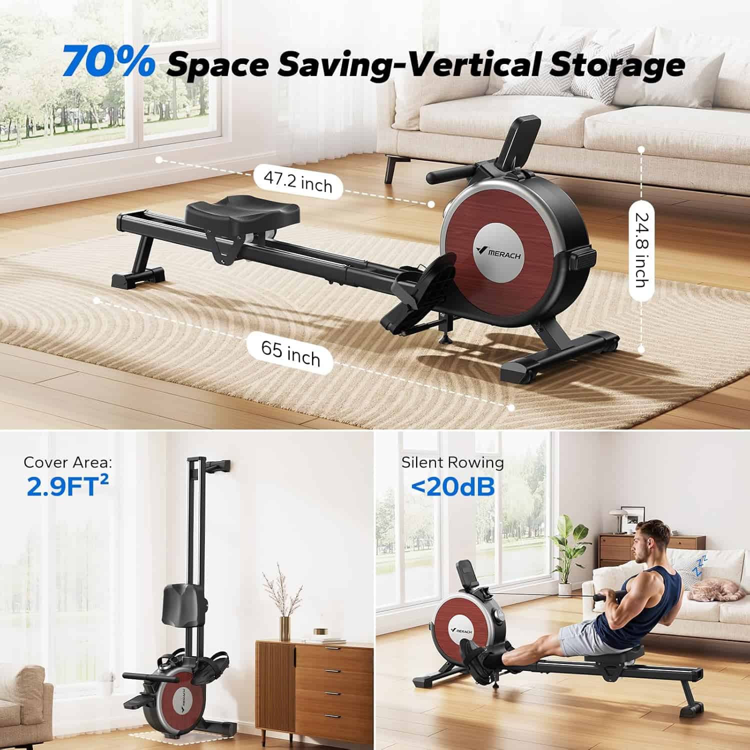 Rowing machine with space-saving vertical storage features in a living room setting.