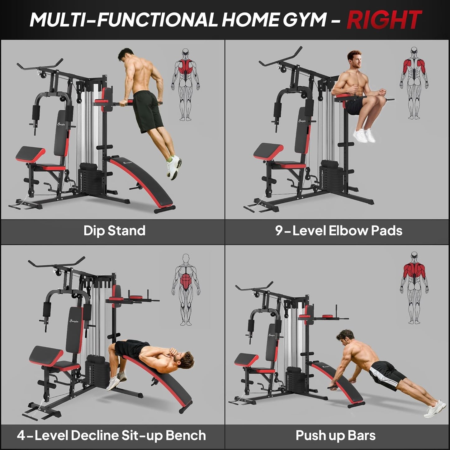 Multi-functional home gym with various exercise components and a person demonstrating use.