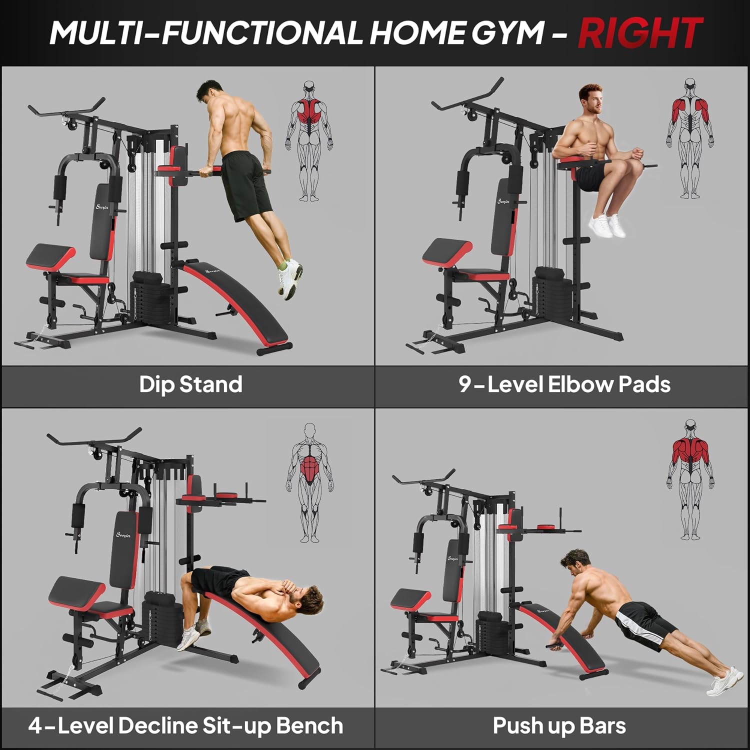 Multi-functional home gym with various exercise components and a person demonstrating use.