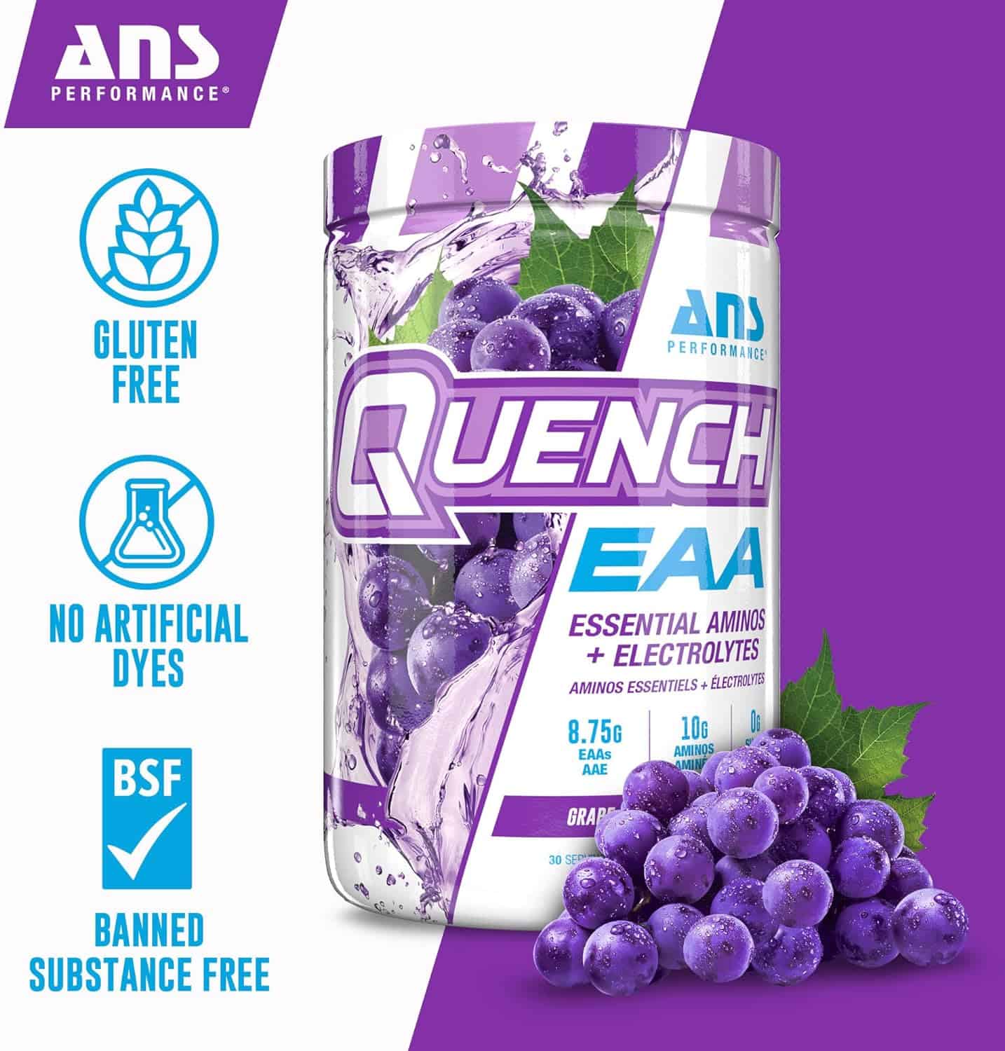 QUENCH EAA Aminos + Electrolytes – 9 EAAs + 10g Aminos | BCAAs, Electrolytes, Coconut Water | Zero Sugar, Carbs & Calories ANS PERFORMANCE