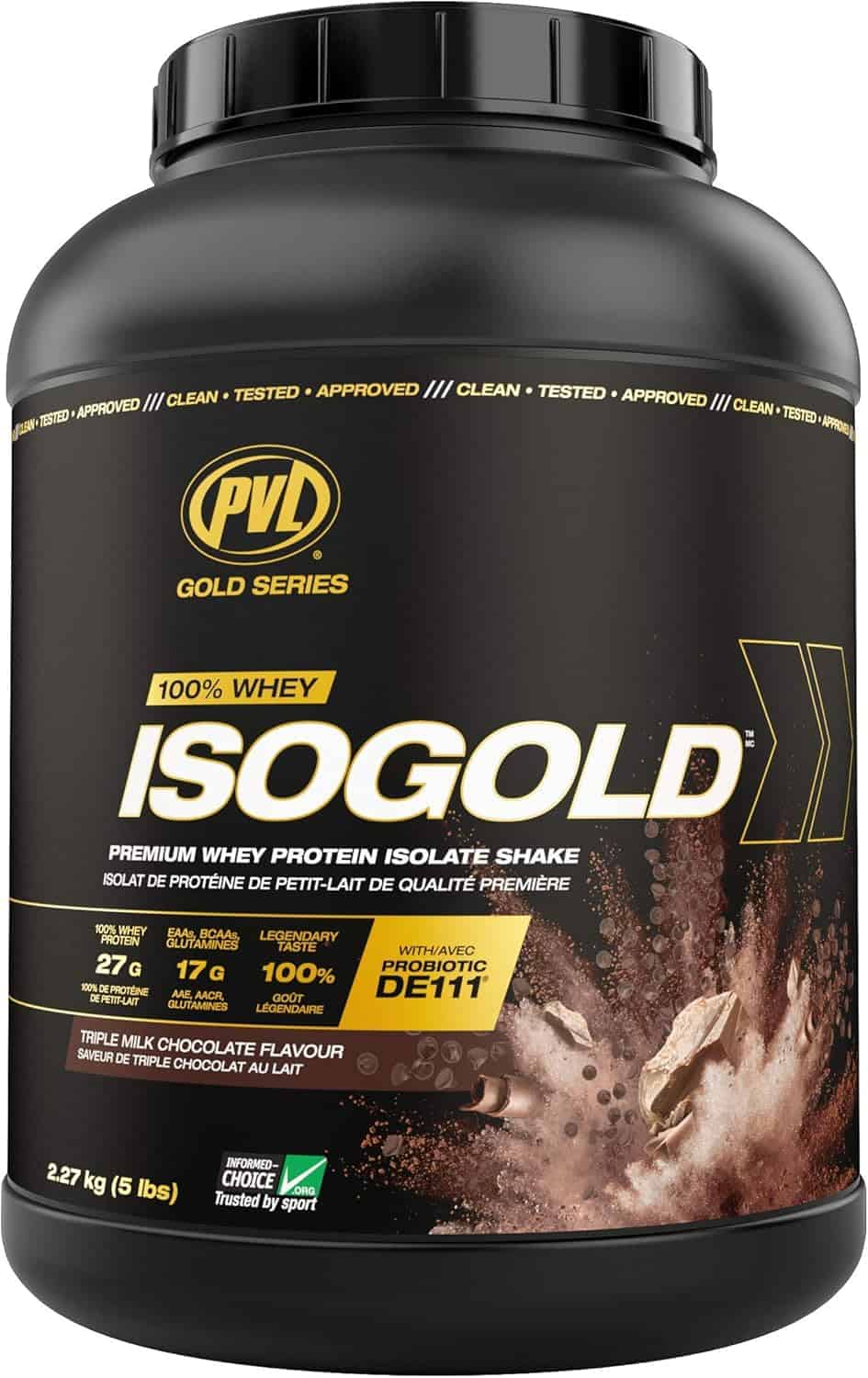 ISOGOLD protein powder container with PVD Gold Series branding