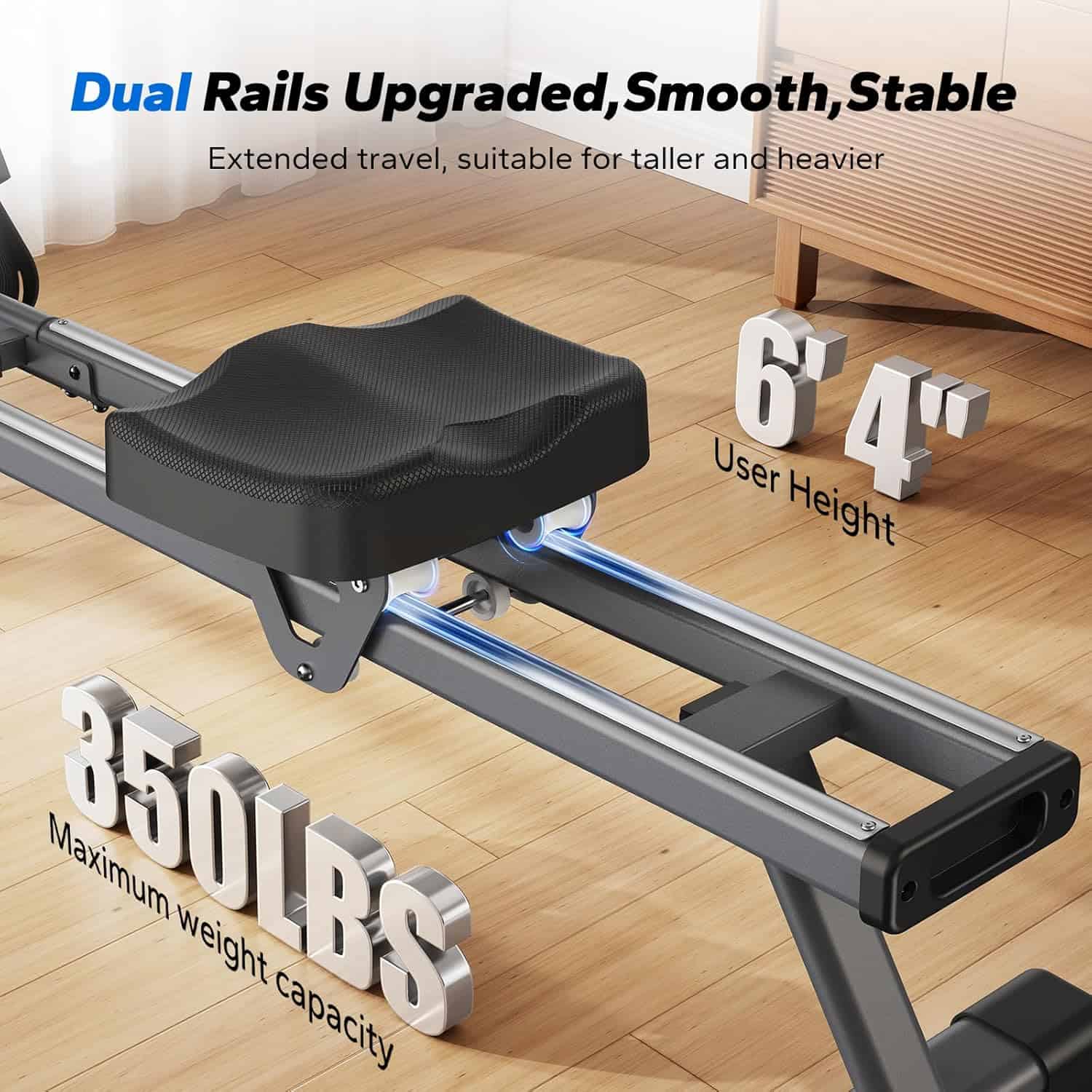 Rowing machine with dual rails, user height measurement, and maximum weight capacity on a wooden floor.