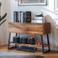 Wooden storage console with fitness equipment in a home setting, promoting efficient use of space.