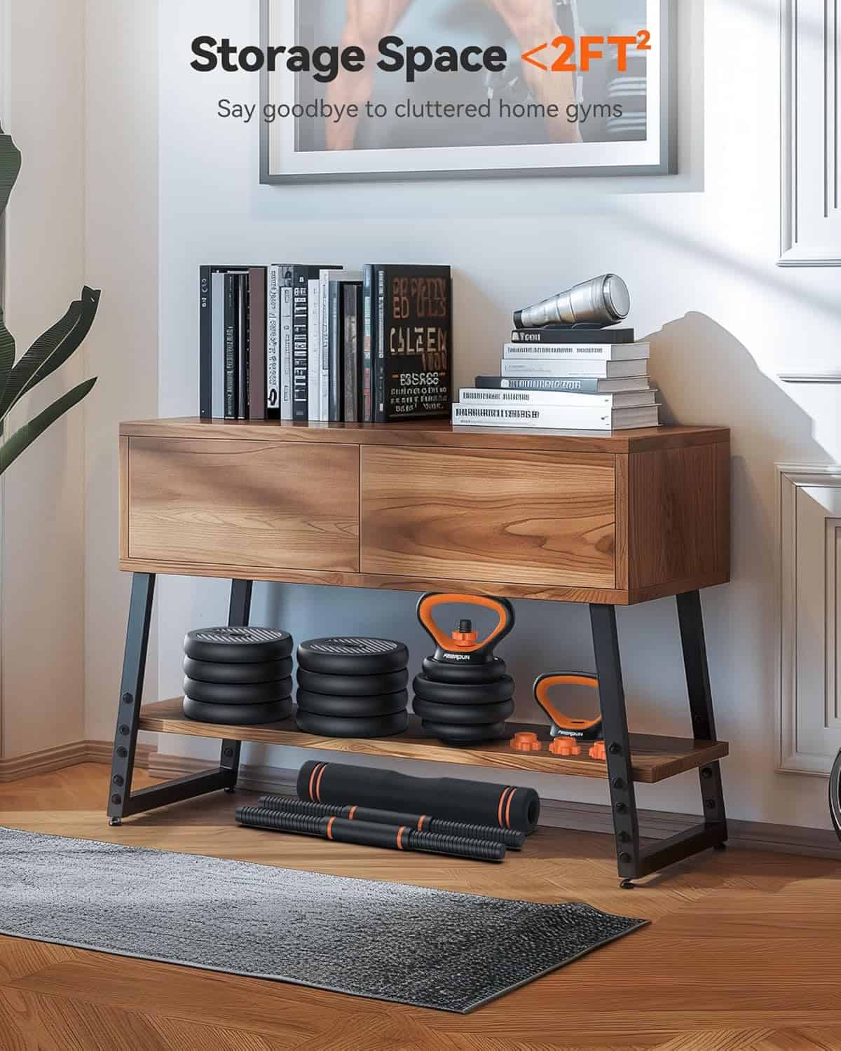 Wooden storage console with fitness equipment in a home setting, promoting efficient use of space.