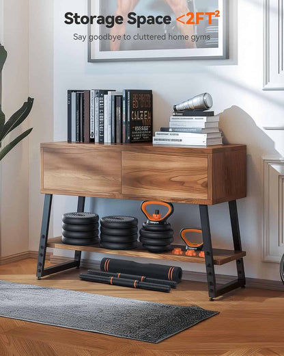 Wooden storage console with fitness equipment in a home setting, promoting efficient use of space.