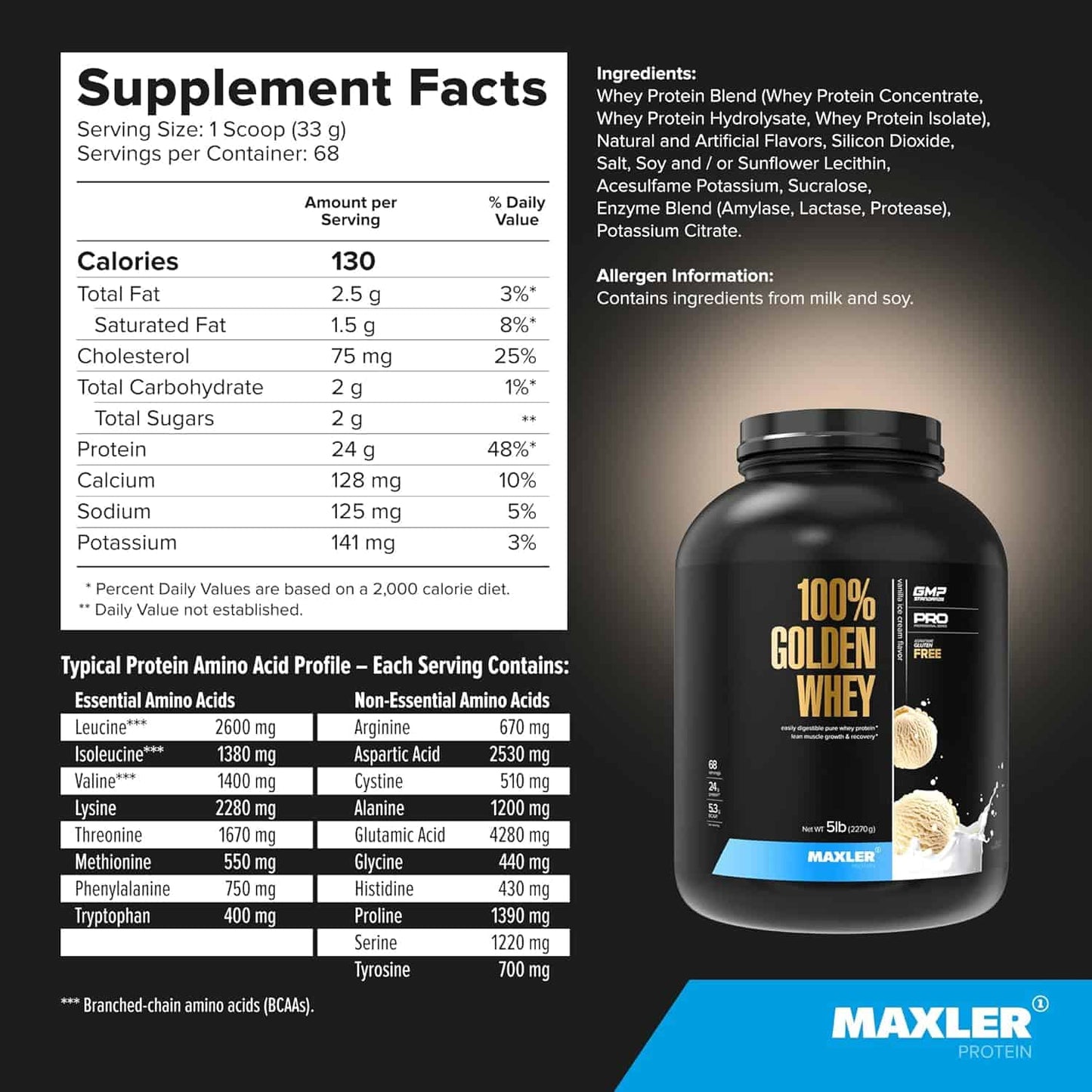 Maxler 100% Golden Whey Protein – 24g High-Quality Protein, Low Carb, Low Fat | 5 lb Tub FitCore Supply