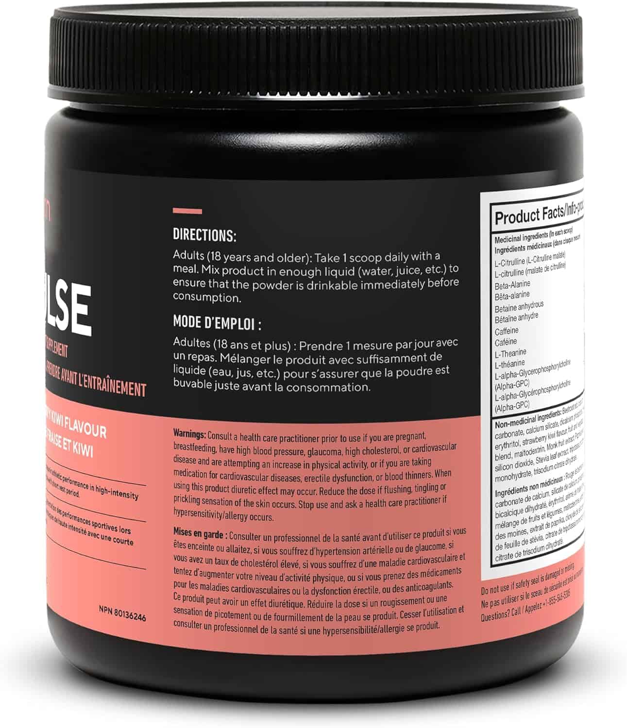 Black supplement container with red label on a white background