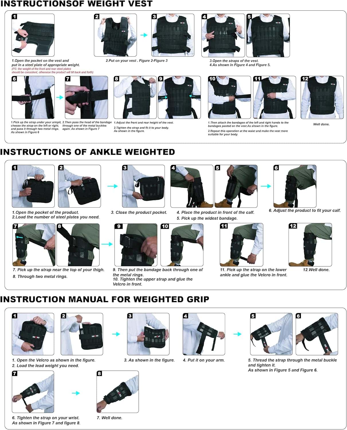 Instructions for using a weighted vest, ankle weights, and a weighted grip on a white background.