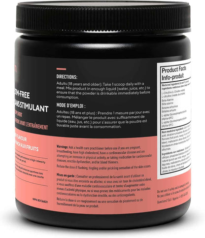 Supplement container with black lid and multilingual label on a white background