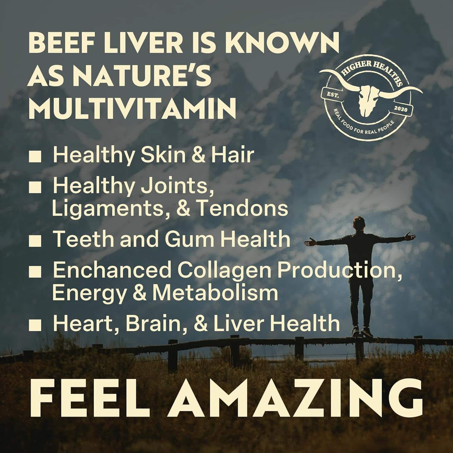 Person standing on a wooden bridge with text about beef liver benefits and Higher Healer logo.