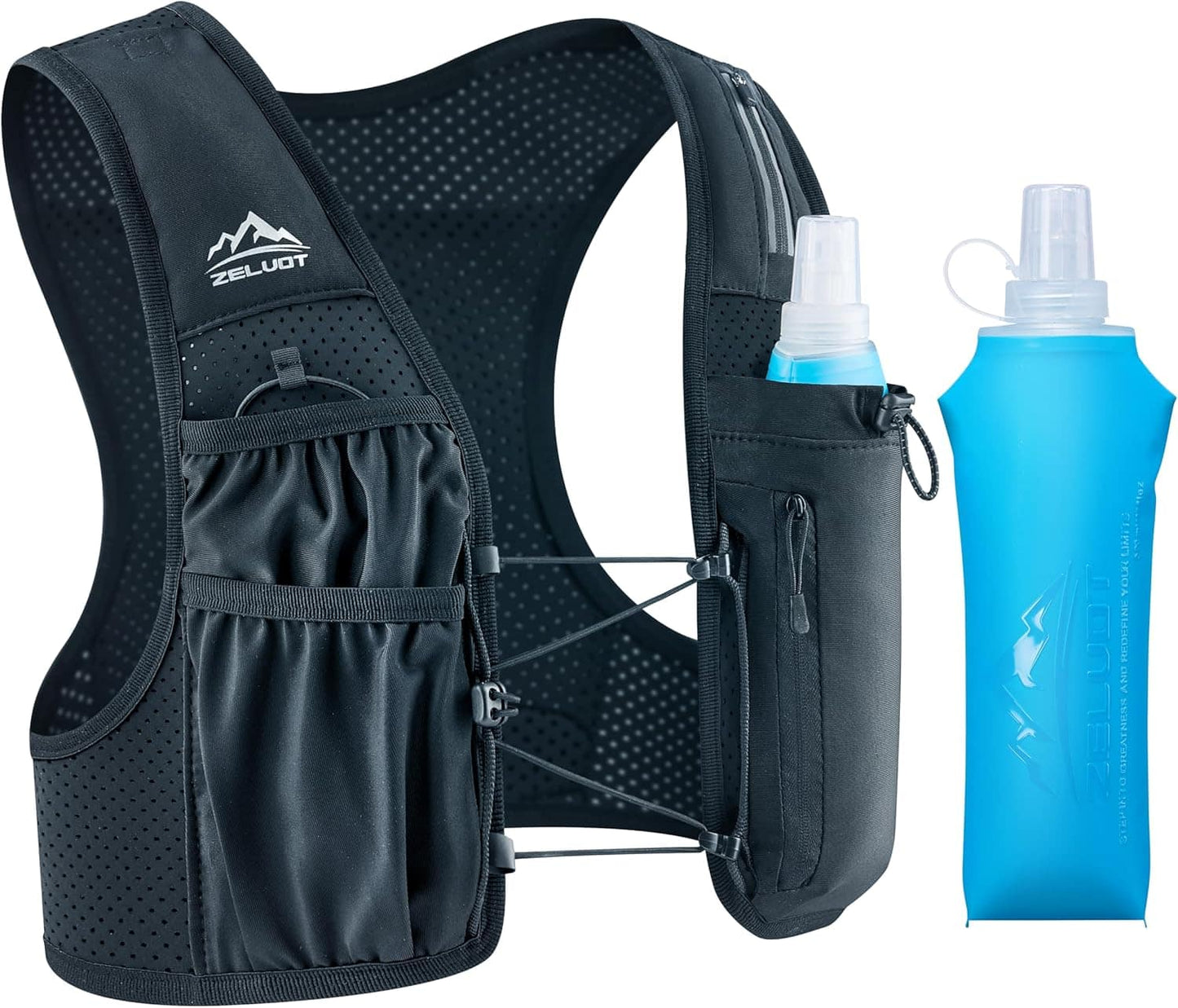 Black running vest with hydration pouches and blue water bottles on a white background