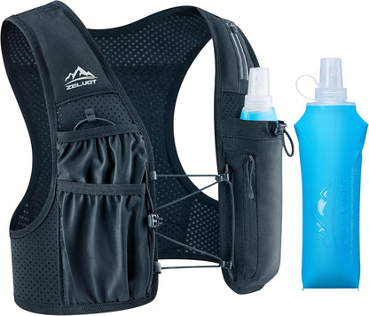 Black running vest with hydration pouches and blue water bottles on a white background
