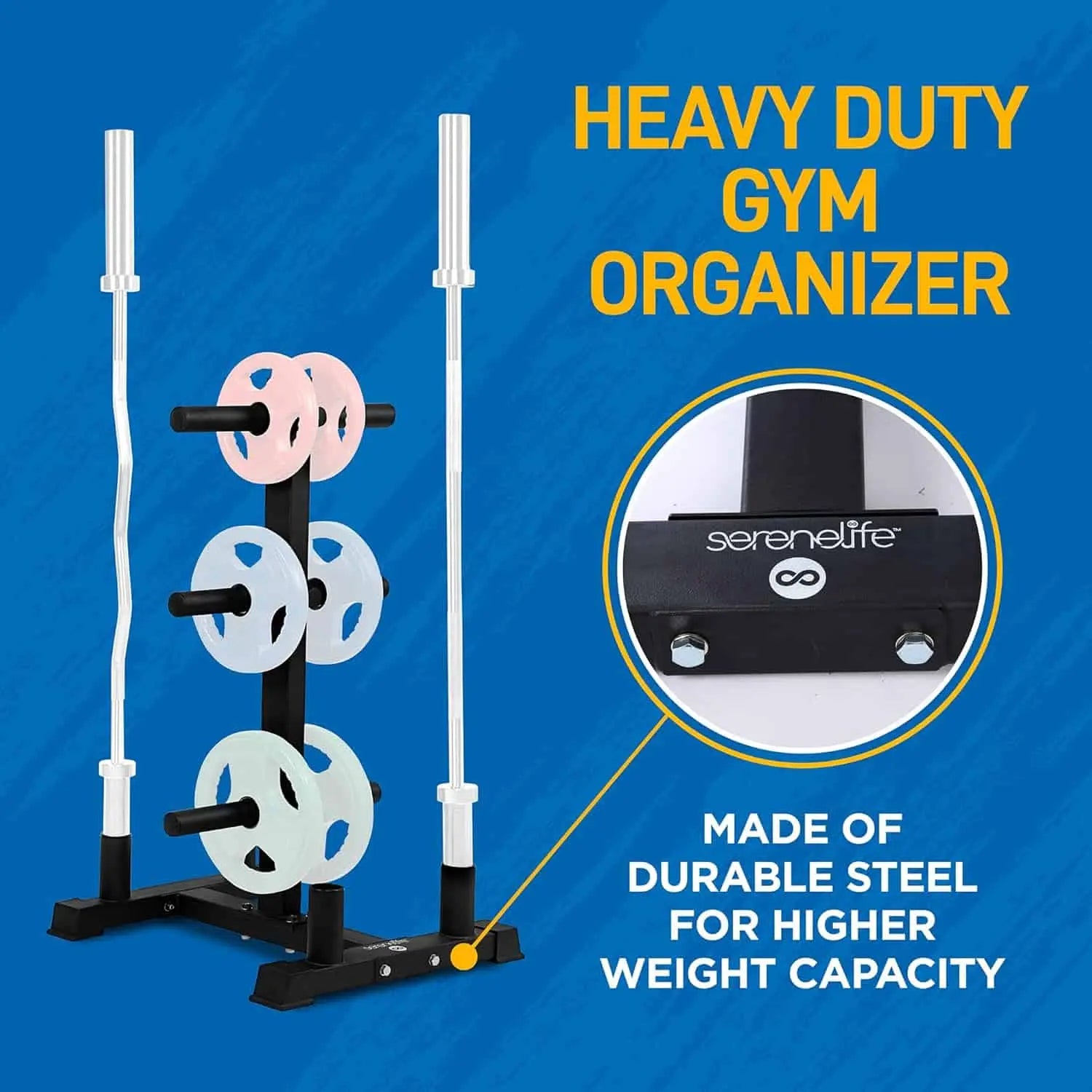 Heavy-duty gym organizer with weights and barbell on a blue background, featuring Serenelife branding.