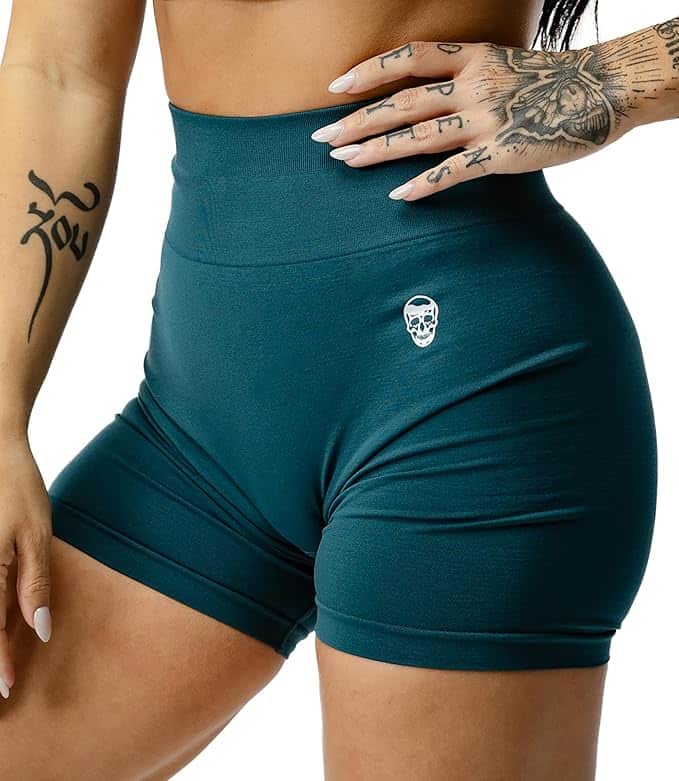 Teal athletic shorts with a logo on a white background