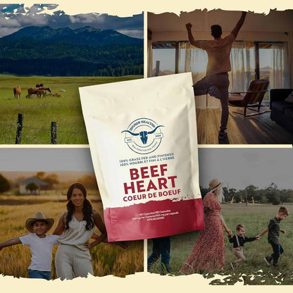 Collage of images including a mountain landscape, a person stretching, a family in a field, and a product packaging with text.